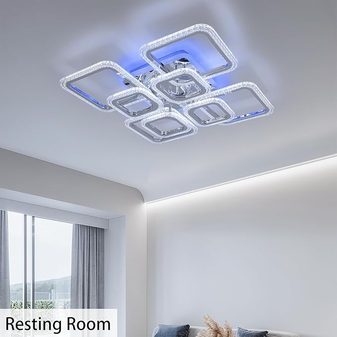STCH Modern LED Ceiling Light Dimmable,23.6” Flush Mount Ceiling Light,8 Squares Chrome Acrylic Remote Control Chandelier Lighting Fixture for Living Room Office Dining Room Kitchen Bedroom,100W