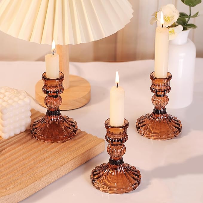 12PCS Amber Candlestick Holders Set- 4" H Taper Candle Holders, Glass Candle Holders Bulk for Wedding, Party, Fall Home Table Centerpieces, Festival Gifts & Windowsill Decor