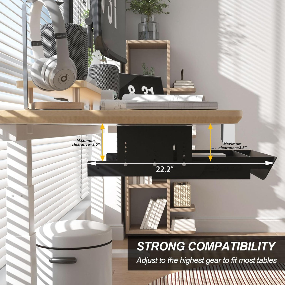 Under Desk Mounted Sliding Pull-Out Drawer Height Adjustable Apply to Tables with Front Crossbar,Adjustable Clearance Up to 3.5",Compatible with Most Stand Up Workstation