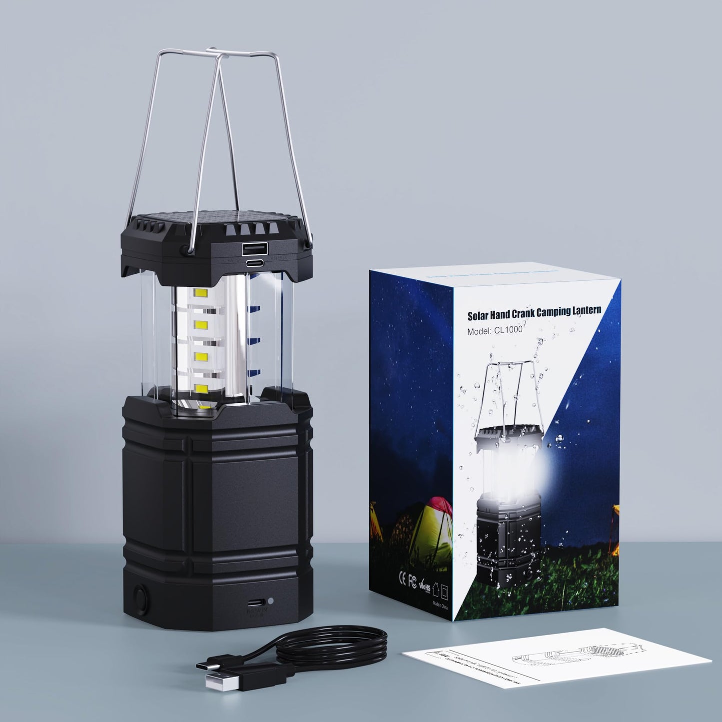 3000mAh Large Capacity Hand Crank Solar Camping Lantern, Portable Ultra Bright LED Torch, 23-26 Hours Running Time, USB Charger, Electronic Lantern for Outdoor