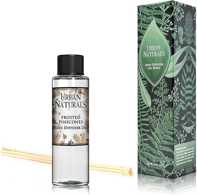 Urban Naturals Frosted Pinecones Holiday Oil Reed Diffuser Refill with Free Set of Reed Sticks – Pine, Cinnamon, Clove, Cedar Wood, Sandalwood and Vanilla Bean – Vegan, 4 oz, Made in the USA