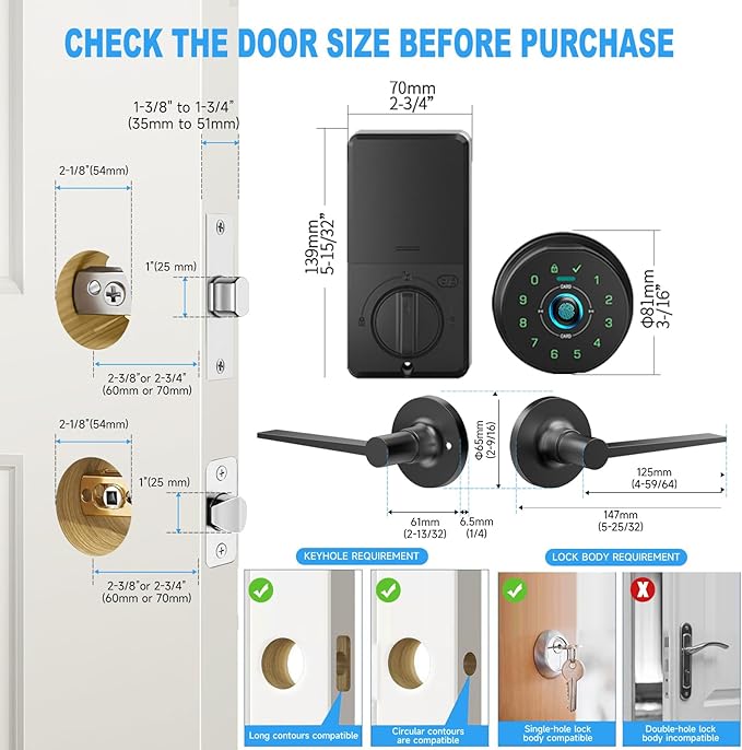 keyless Entry Door Lock deadbolt with Handle Set- Front Door Fingerprint Smart Locks with 2 Lever Handles-Keypad Code Deadbolt -App Control,Auto Lock,Easy to Install
