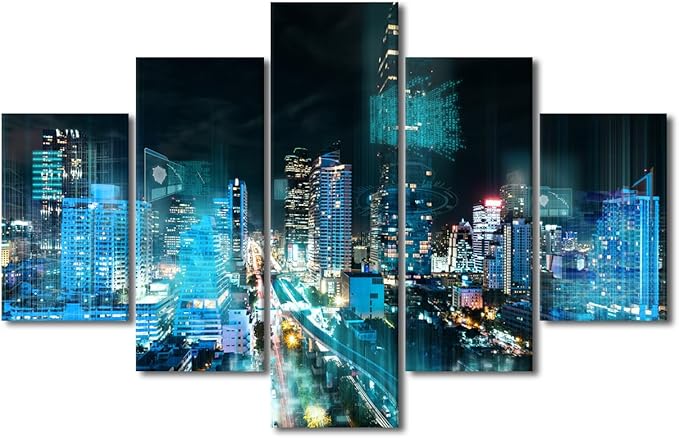 Night Cityscape Wall Art Thailand Wireless Network Picture Modern Home Decoration 5 Panel Smart City Poster Internet Workers Bedroom Decoration Frame and Stretched Ready to Hang 60x40 Inch