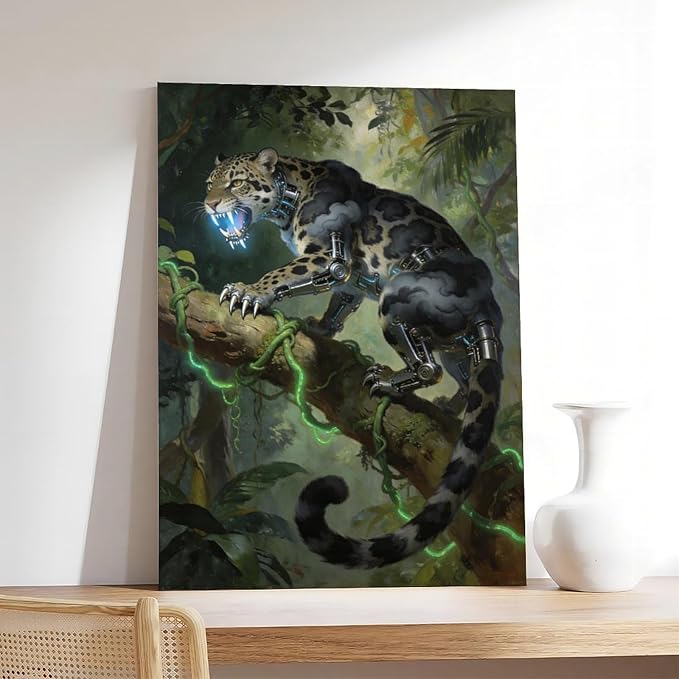 Framed Steampunk Mechanical Leopard Wall Art - Jungle Futuristic Beast Poster for Man Cave Living Room Decor 16x24inch(40x60cm)