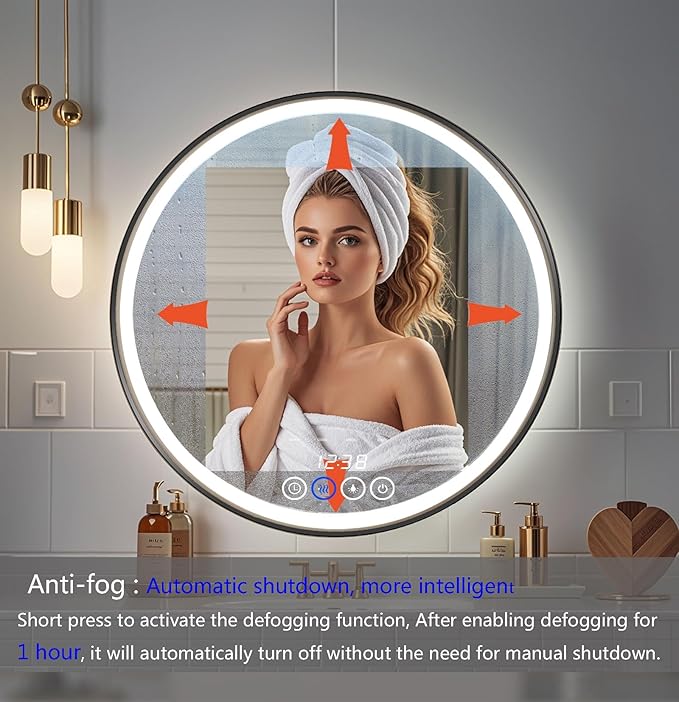 Wall-Mounted Round Bathroom Mirror with LED-Lights - Frame Vanity Mirrors (32" x 32", Black)