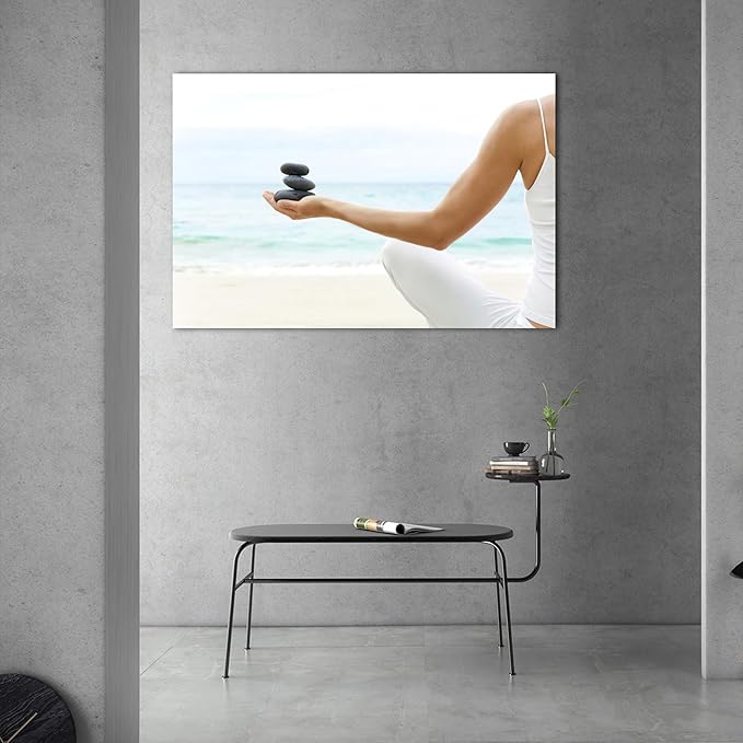 Zen Wall Art Decor, Modern Bathroom Zen Decor Wall Art, Large Relaxing Canvas Wall Art for Spa Zen Room Decor, Meditation Facing The Sea and Pebble Art Paintings for Office & Spa Decor 28x40 Inches