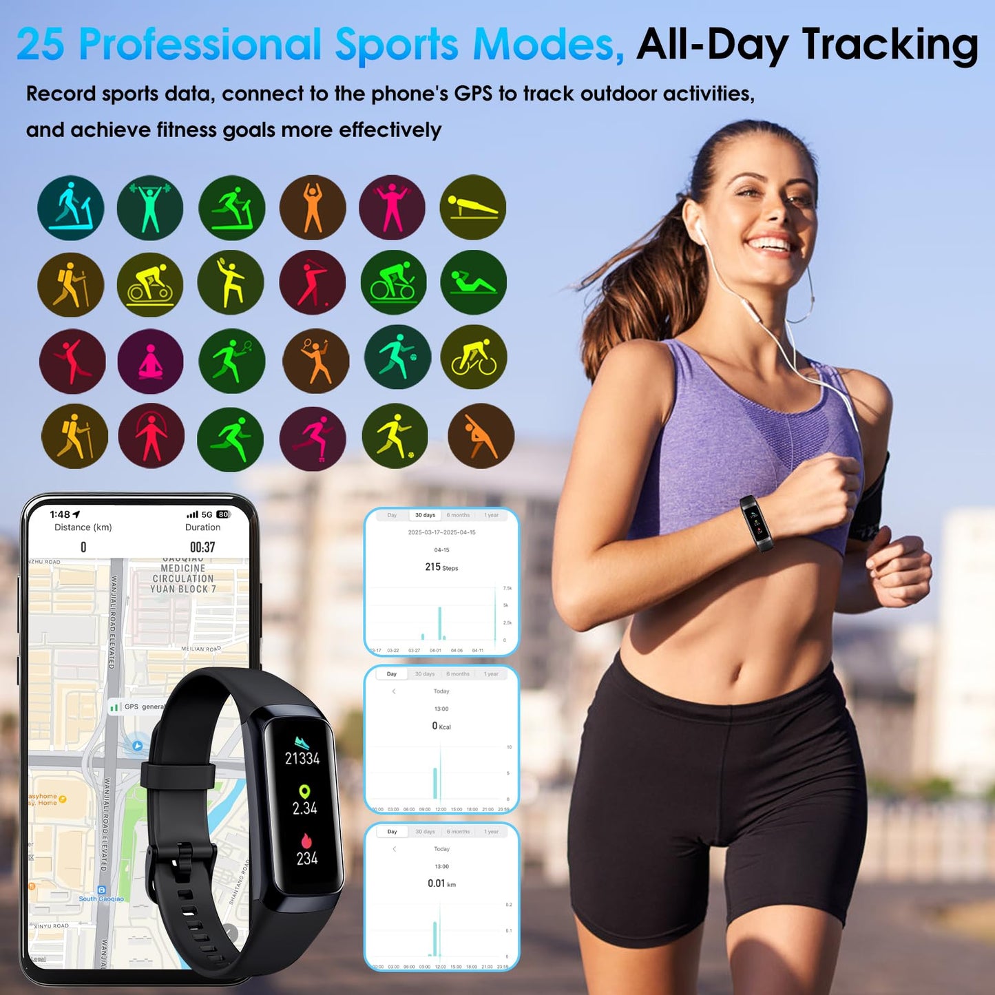 VUHIGIB Fitness Tracker, 24/7 Heart Rate Blood Oxygen Blood Pressure Body Temp Monitor Sleep Calorie Tracker with 1.1" AMOLED Touch Color Screen Pedometer Smart Watch Waterproof for Women Men