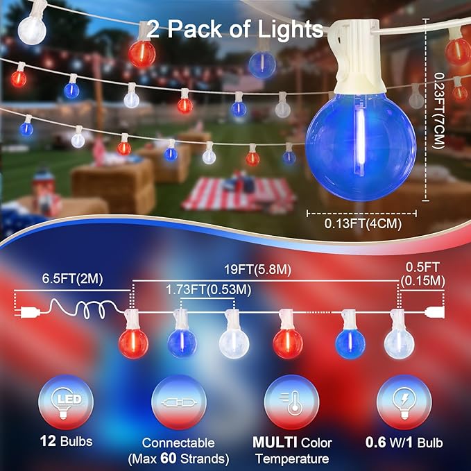 LAMPHOME 2 Pack 26Ft LED G40 Red White and Blue String Lights Outdoor, 4th of July Patriotic Lights with 12+1 Shatterproof Bulbs, Memorial Day Independence Day Decor for Yard Garden Patio