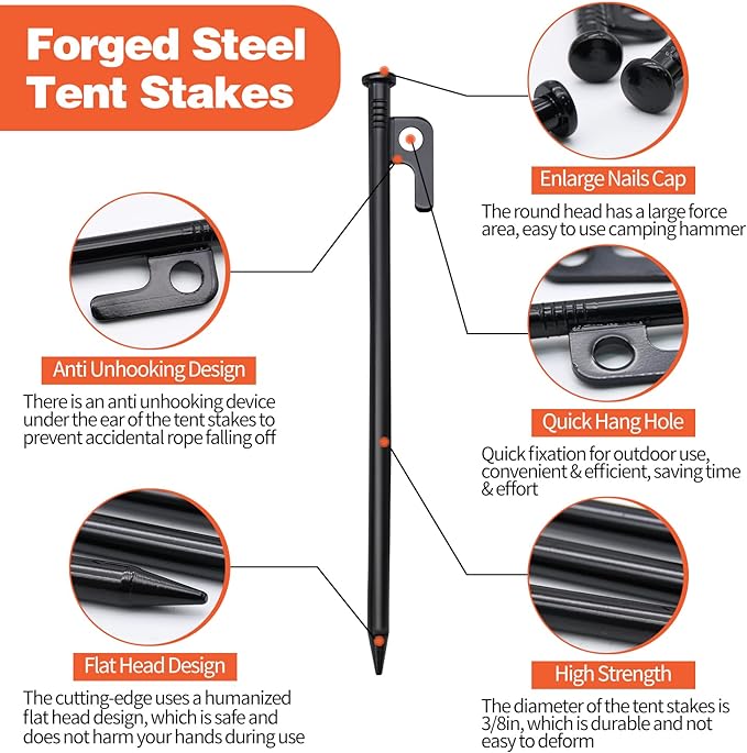 8/10/12/16in Tent Stakes and Hammer Set, 8pcs Heavy Duty Forged Steel Tent Stakes + Camping Hammer + Storage Pouch, Available in Rocky Place(8pcs 10in Stakes and Hammer)