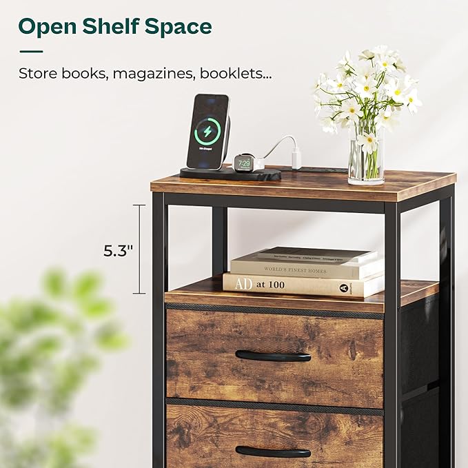 Huuger Nightstands Set of 2, 27.6 Inch End Tables with Charging Station, Fabric Drawers, Bedside Tables with USB Port and Outlet, Night Stands for Bedroom, Rustic Brown