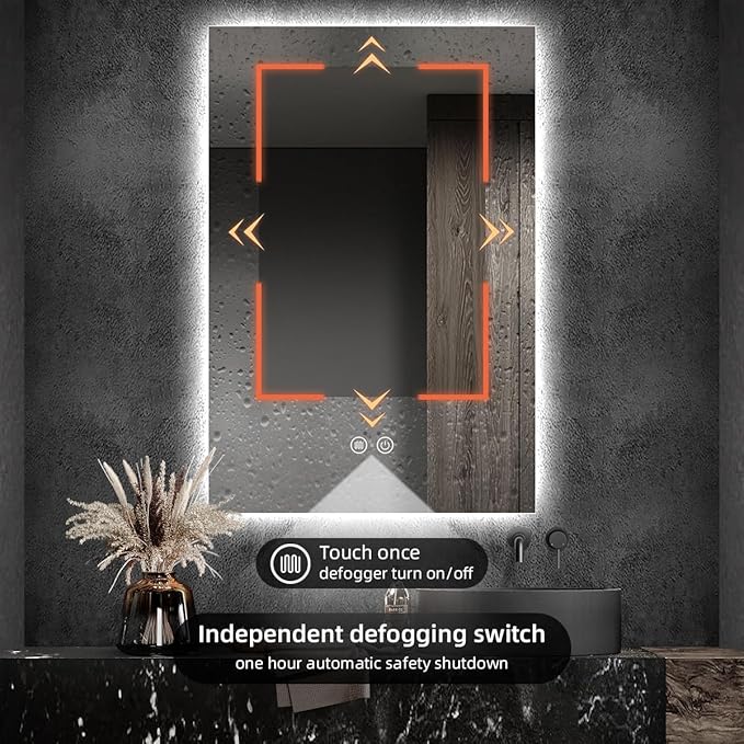 Backlit LED Bathroom Mirror, Infrared Motion Sensor Vanity Mirror with 3-Color Lights, Stepless Dimmable Wall Lighted Mirror with Anti-Fog, Memory, Rectangular (36" H x 28" W)