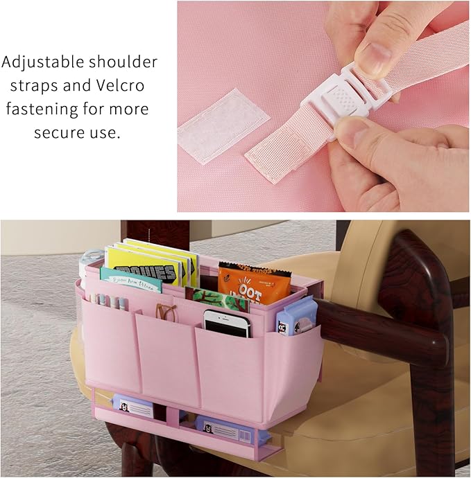 Bedside Caddy, Bed Organizer with 11 Pockets and Power Strip Holder, Versatile Bedside Storage Caddy for Home,Dorm,Bunk,Hospital,Crib Bed (2 Pack Pink)