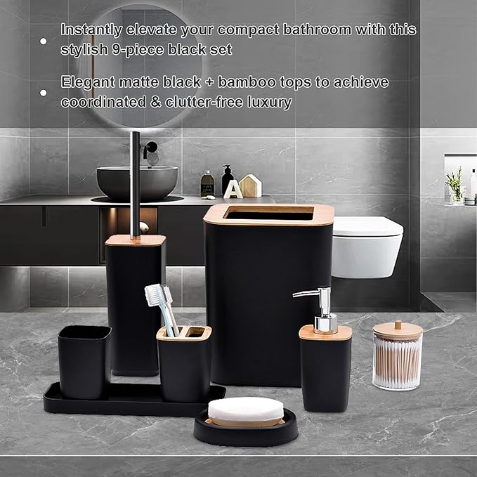 Black Bathroom Accessories Set, 9-Piece Modern Bathroom Accessory Kit with Soap Dispenser, Toothbrush Holder, Mouthwash Cup, 2 Qtip Holders, Trash Can, Soap Dish, Toilet Brush & Vanity Tray