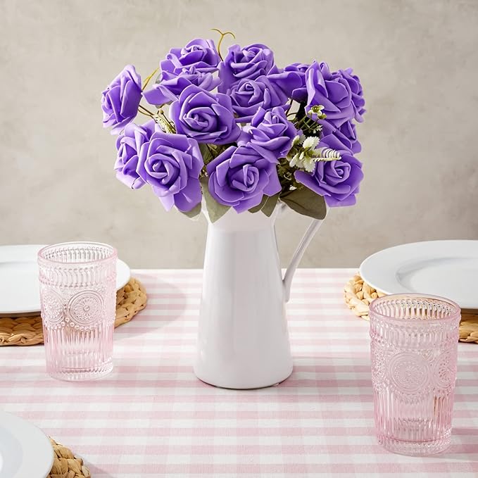 Juvale 100-Pack Purple Faux Flowers for Wedding Decor - 3-in Stemless Artificial Roses - Reusable Plastic Heads for Centerpiece Table Decorations & Crafts
