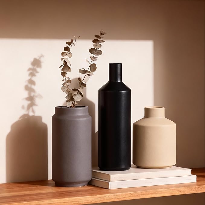 Modern 3 Piece Ceramic Vase Set - Minimalist Home Decor Vases for Living Room, Bedroom, or Entryway - Modern Neutral Table Decor for Flowers or Greenery, Shelf and Mantel Accent
