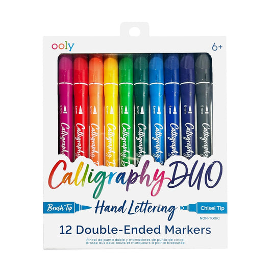 Ooly Calligraphy Duo - 12 Double Ended Calligraphy Pens for Writing & Hand Lettering, Dual Tip Pens for Beginners or Kids Includes 1 Brush & 1 Chisel Tip Pen in Classic Colors