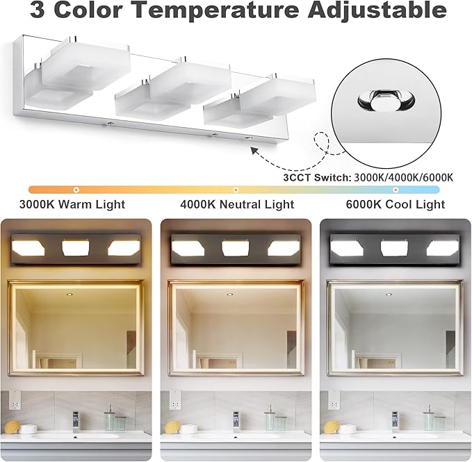 3 Colors Dimmable Bathroom Light Fixtures Over Mirror, LED Chrome Vanity Lights, Acrylic Stainless Steel 3 Light Bathroom Vanity Light, Adjustable 3000K/4000K/6000K, 360° Rotate