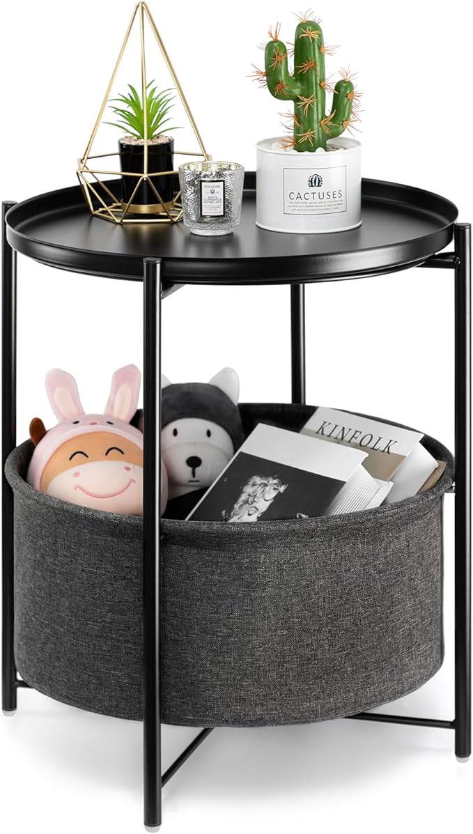 danpinera Round Side Table with Fabric Storage Basket, Metal Small Bedside Nightstand Removable Tray Top for Living Room, Bedroom, Nursery, Laundry, Ink Black