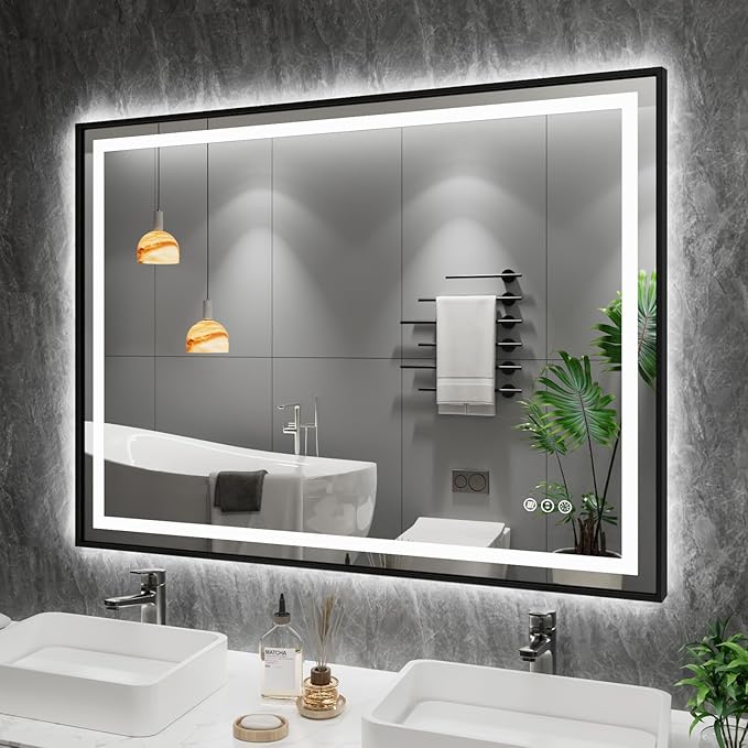 Amorho 48" X36" LED Bathroom Mirror with Black Frame, Front Light and Backlit, Stepless Dimmable, Anti-Fog, Shatter-Proof, Memory, 3 Colors, Double LED Vanity Mirror