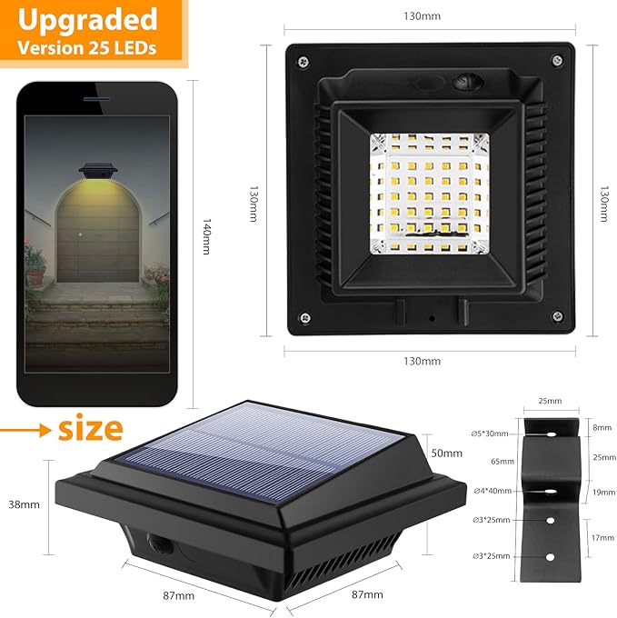KEENZO Outdoor Solar Lights - Gutter Lights 2pcs, Solar-Powered LED Wall/Fence/Step/Deck Lights with 25 Warm Light LED, Outdoor Waterproof Lighting for Garden, Patio, Backyard, Pathway and Eaves Wall