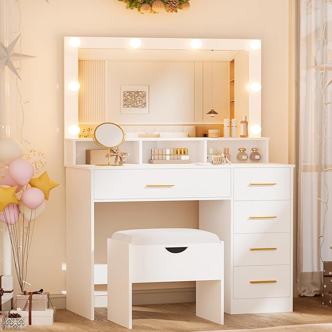 Vanity Desk with Mirror and Lights, 35.43" Large Mirror Makeup Table with Stool, 5 Drawers Dressing Table for Girls and Ladies Bedroom, White and Gold