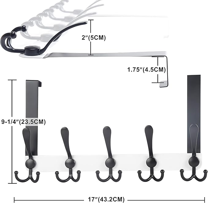 Dseap Over The Door Hook Hanger - Fits 1 3/8" to 1 3/4" Standard Doors | 5 Tri Hooks Heavy Duty Towel/Coat Rack | Door Organizer for Clothes, Jackets, Hats, Towels, White & Black