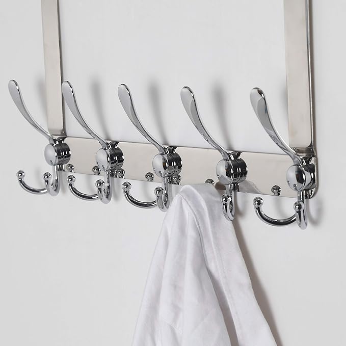 Dseap Over The Door Hook Hanger - Fits 1 3/8" to 1 3/4" Standard Doors | 5 Tri Hooks Heavy Duty Towel/Coat Rack | Door Organizer for Clothes, Jackets, Hats, Towels, Chromed