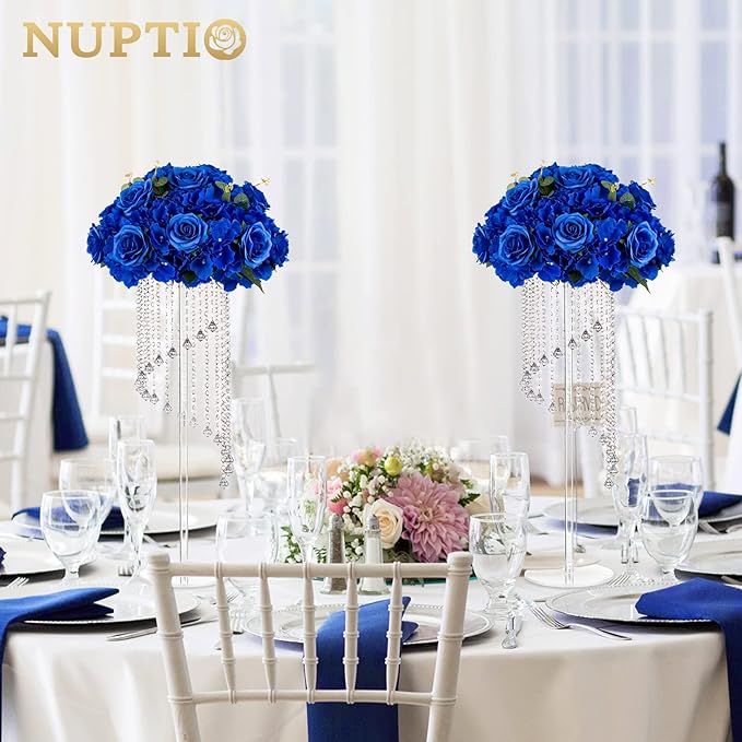 NUPTIO Artificial Flower Centrepieces for Tables - 2 Pcs Large Fake Flowers Roses Balls 15.7 inch Diam - Royal Blue Silk Faux Rose Arrangement Bouquet for Wedding Party Centerpiece Table Decorations
