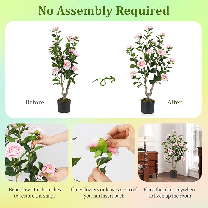 GOFLAME 3FT Artificial Camellia Tree, Faux Camellia Plant with Pink Flowers, Solid Wood Trunk, Realistic Moss, Greenery Potted Decoration Tree for Indoor Outdoor Home Porch Front Door