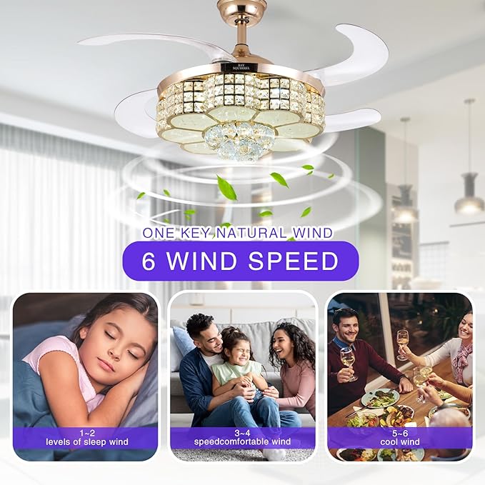 BAYSQUIRREL Retractable Crystal Ceiling Fan with Light, Bluetooth Ceiling Fan with Speaker, RGB-LED Light 6 Speed Reversible Low Profile Modern Invisible Ceiling Fan,Remote and APP Control
