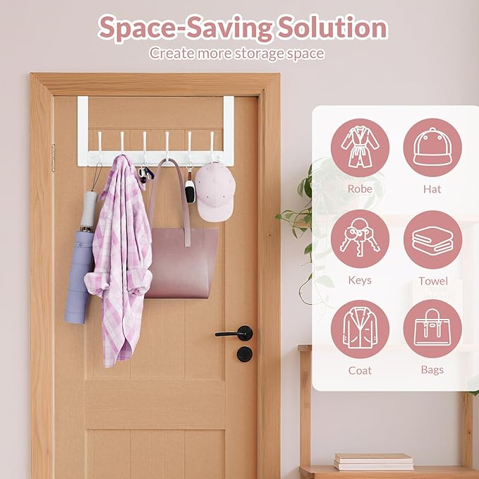BAKON Over The Door Hooks with 6 Hook, Heavy Duty Over Door Hanger for Hanging Clothes Coat Hat Jacket, Door Coat Rack for Bathroom Closet Laundry Bedroom Kitchen Living Room Home Organizer(1, White)