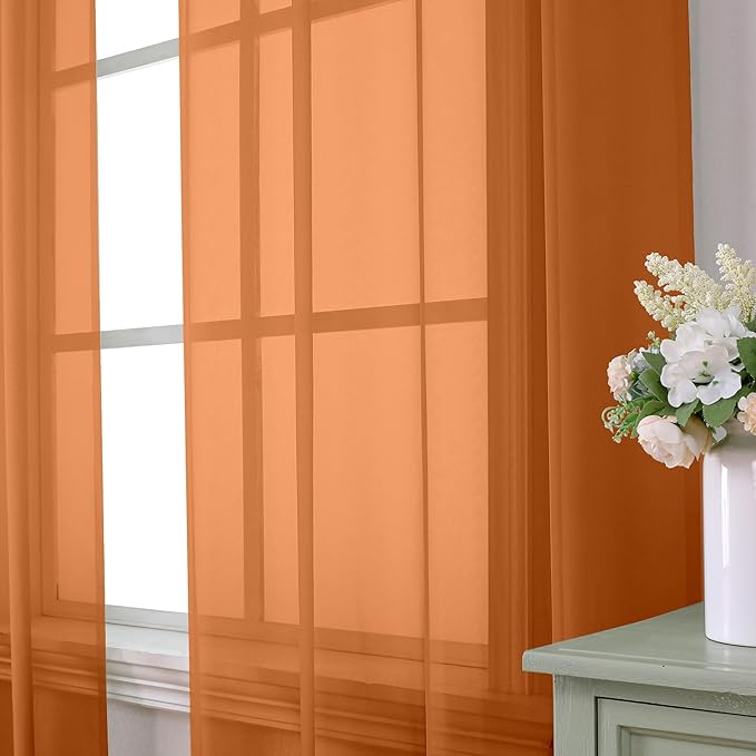 Aiyufeng Orange Sheer Curtains 72 Inch Length 2 Panels Set, Light Filtering Airy Rod Pocket Orange Window Curtain Treatment Drapes for Kitchen Bedroom Living, Each 42Wx72L Inches
