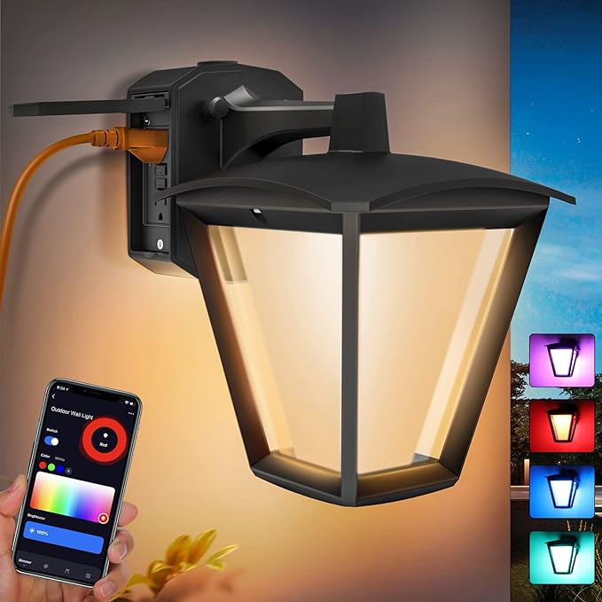 YARBO Smart Outdoor Wall Lantern with GFCI Outlet, APP Control Porch Lights, Color Changing RGBW Wall Sconce, Work with Alexa (Required SML Gateway), Outdoor Wall Lights for House, ETL Listed
