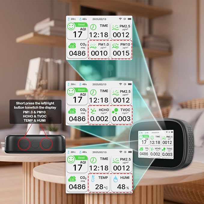 18-in-1 Smart Air Quality Monitor - Indoor WiFi Air Quality Detector with Dual Chip, Real-Time for AQI, CO2, PM2.5, PM1.0, PM10, TVOC, HCHO, Time, Temperature & Humidity with APP (Black-White)