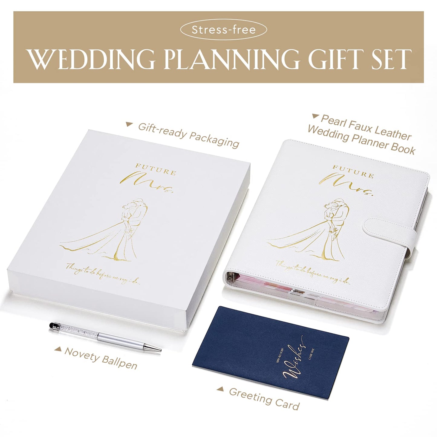AW BRIDAL Best Engagement Gifts For Her Bride To Be Gifts∣Future Mrs Leather Wedding Planner Book And Organizer For The Bride Wedding Planning Notebook Budget Planner Binder, 140 Pages, White