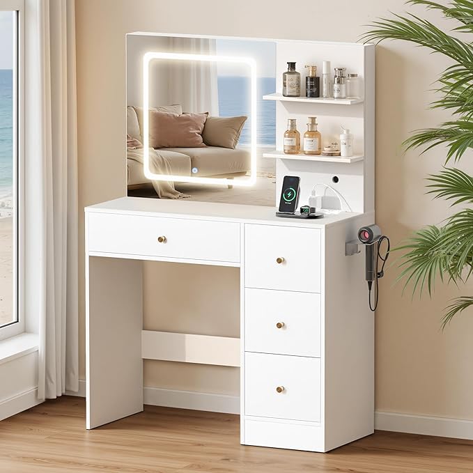 Makeup Vanity Desk with Mirror and LED Lights, White Vanity Table with Charging Station, 3 Open Storage Shelves & 4 Drawers, Dressing Table with 3 Color Modes & Adjustable Brightness for Bedroom