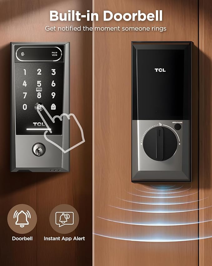 TCL Palm Vein Smart Lock D2 Pro, Wi-Fi Keyless Entry Deadbolt Door Lock, Built-in Doorbell, Key Fob, App Control, Auto Lock, Rechargeable Battery, Works with Alexa & Google Lock for Front Door