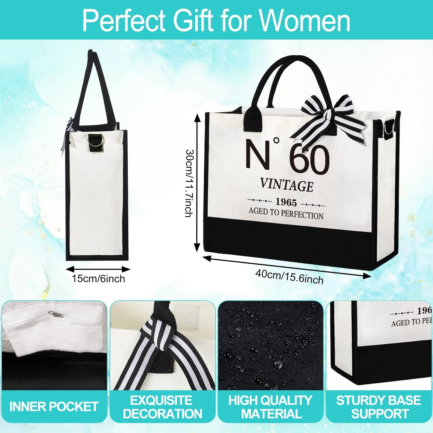 60th Birthday Gifts for Women，Gift Set for Women 1965 Canvas Tote Bag 60th Birthday Gift for Her Unique Gifts Basket for Her Turning 60 Mom Wife Sister Friend