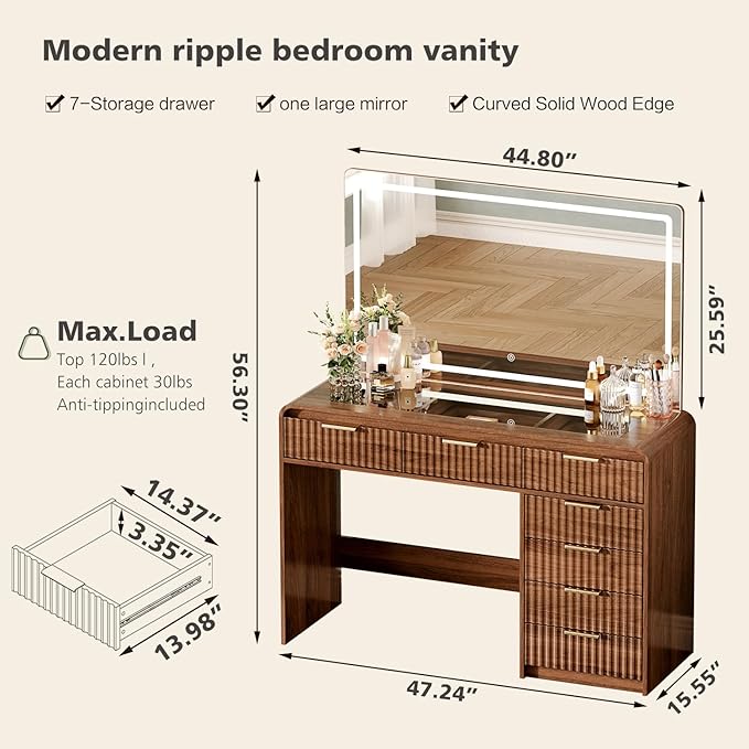 47“Makeup Vanity Desk with 44.8" Mirror and Lights, Vanity Desk with 7 Drawers, Makeup vanity table with a glass tabletop, 3 Color Modes & Adjustable Brightness Dressing Table, Bedroom,Walnut