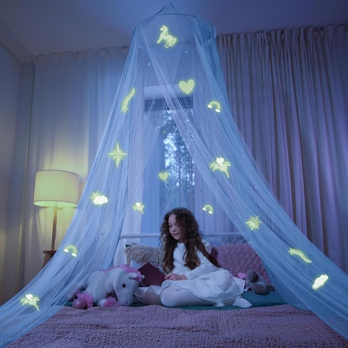 Bollepo Bed Canopy for Girls Bed with Glowing Stars - Princess Room Decor, Ceiling Net to Cover Toddler | Full, Twin Size Kids Bed Curtains, Fire Retardant Fabric (White - Unicorn)