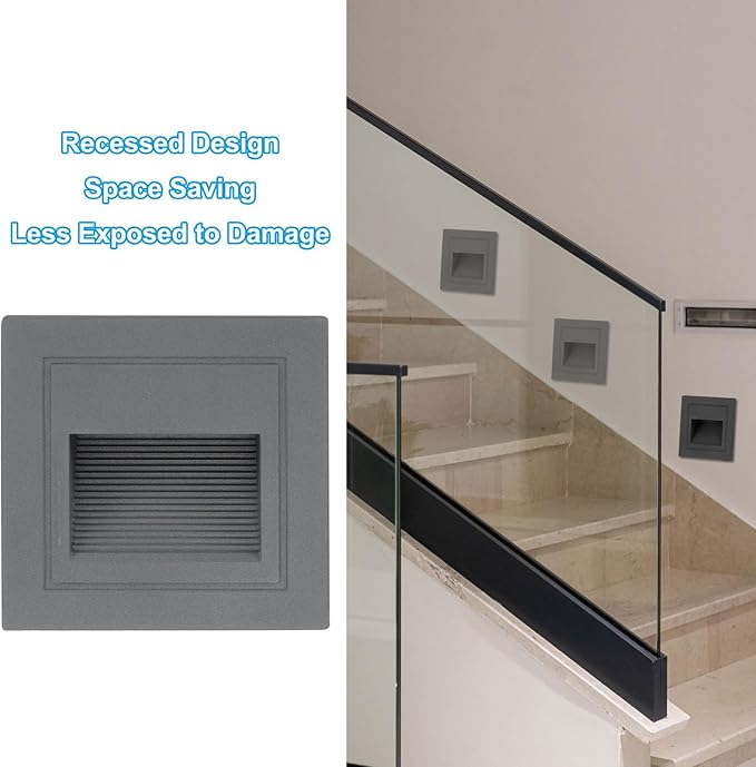 PATIKIL 4000K LED Step Light, 4 Pack 3W 120V Recessed Stair Light Aluminum Waterproof 105lm Warm White Stairway Lights Indoor Outdoor, Grey Shell