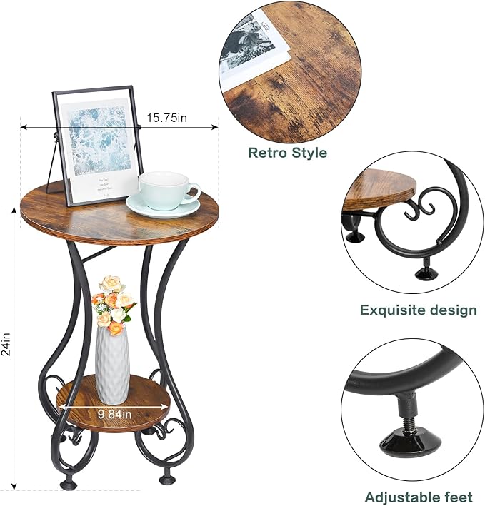 X-cosrack End Table, Round Side Table for Small Spaces, Coffee Tea Table Nightstand Home Decor for Living Room Balcony Bedroom Office,Rustic Brown & Black,15.75" L x 15.75" W x 24.0" H