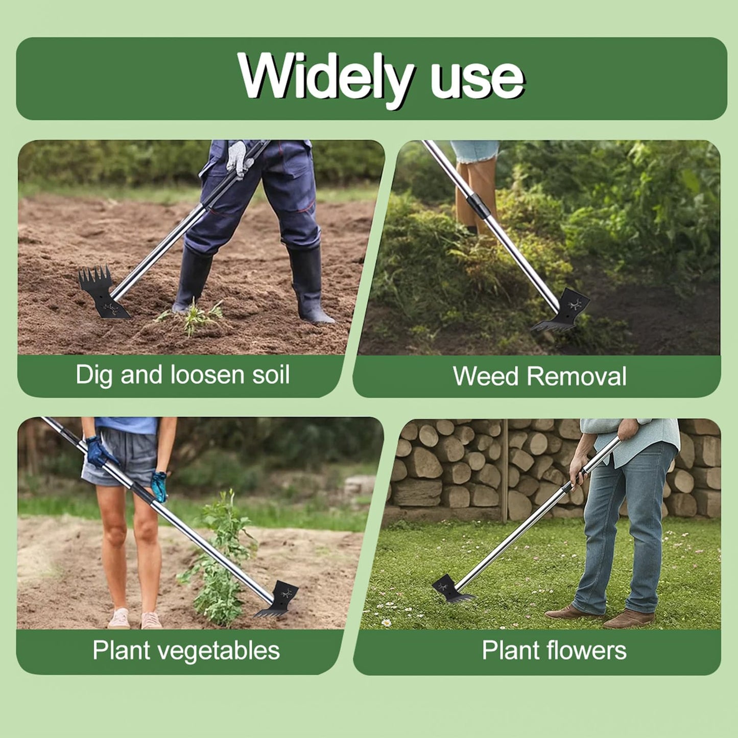 Weed Puller Tool with Long Handle, 60inch Manual Weed Puller Tool, Stainless Steel 2 in 1 Hand Weed Rake,Heavy Duty Garden Hoe for Gardening, Uprooting Weeder Remover for Patio, Lawn, Yard