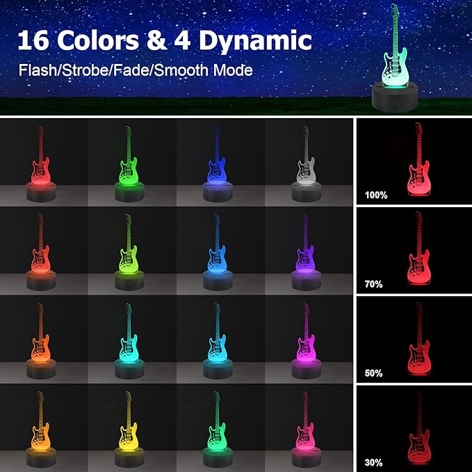 AZIMOM 3D Illusion Lamp Electric Guitar Remote Control 16 Colors Night Light for Kids Smart Touch Bedside Lamps Bedroom Decoration Boys & Girls Women Birthday Gifts