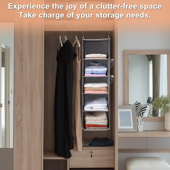 BOOMIBOO Hanging Closet Organize and Shelves，5-Hanging Shelf with 2 Side Pockets，Storage Foldable （Pink）