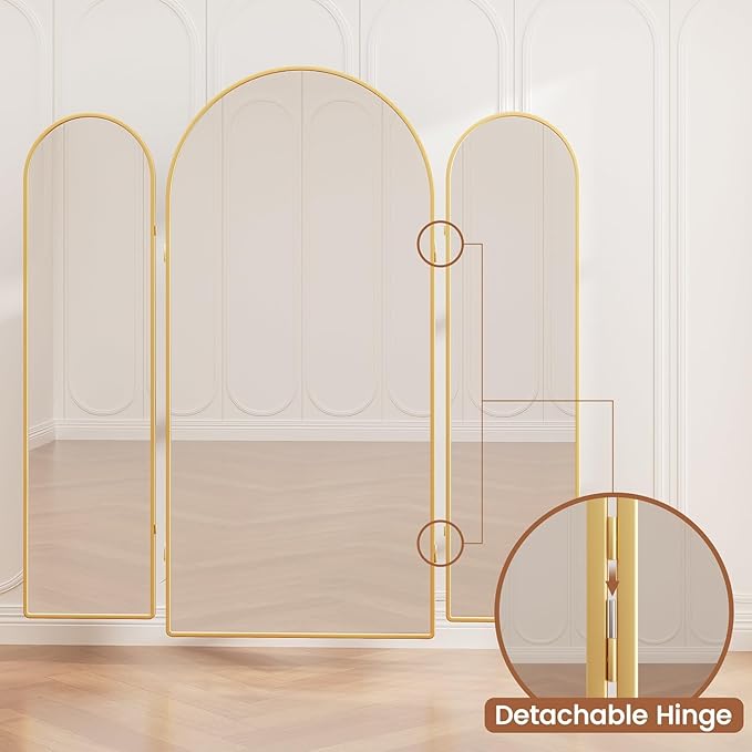 3 Way Arched Full Length Mirror Free Standing, 71"x 67" Large Modern Trifold Mirror, 3-in-1 Detachable Panel Tempered Glass & Metal Frame, for Dressing Room, Bridal Shop,Clothing Store (Gold)