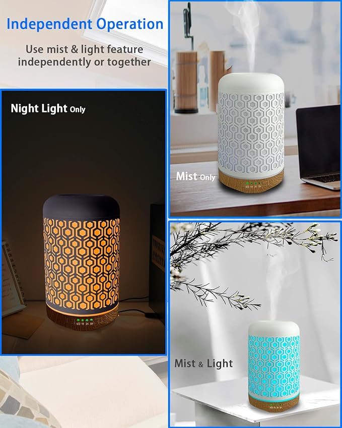 Essential Oil Diffuser, 250ml Iron-Art Ultrasonic Humidifier Aromatherapy Oil Diffuser with 4 Timer Mode & 7 Color Changing LED Lights, BPA-Free Waterless Auto-Off Aroma Diffuser (Off-White)