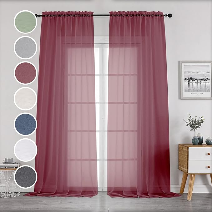 OWENIE Sheer Curtains 96 Inch Long, Elegant Sheer Curtains for Bedroom, Window Voile Sheer Curtain Panels/Drapes/Treatment for Living Room, 2Pcs, Each 42" W x 96" L, Burgundy