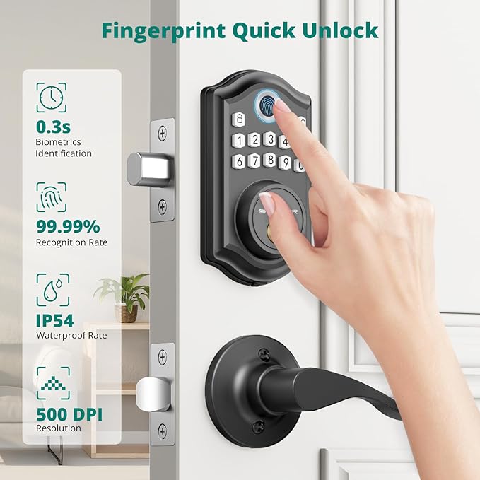 DS10 Keyless Entry Door Lock with 2 Lever Handle, Fingerprint, Keypad Code, 2 Keys, Smart Locks for Front Door, Bedroom, One-time Code, Auto-Lock, Easy Installation -Matte Black