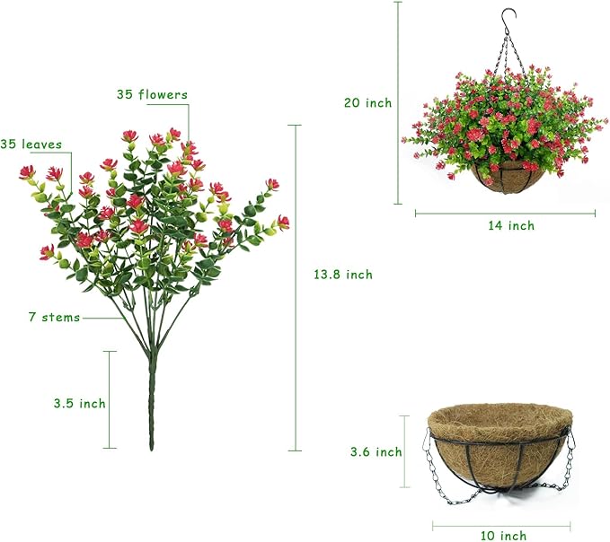 Artificial Hanging Flowers Basket, 12 UV-Resistant Bundles of Realistic Fake Flowers, Faux Plants for Outdoor Decor, Home, Garden, Porch, Patio, Spring & Summer Decorations, Red
